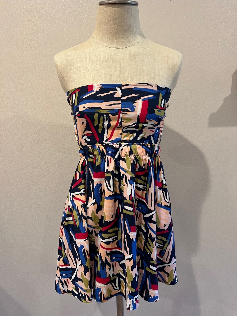 American Apparel Strapless Skater Abstract Mini Dress in Navy, Pink & Olive